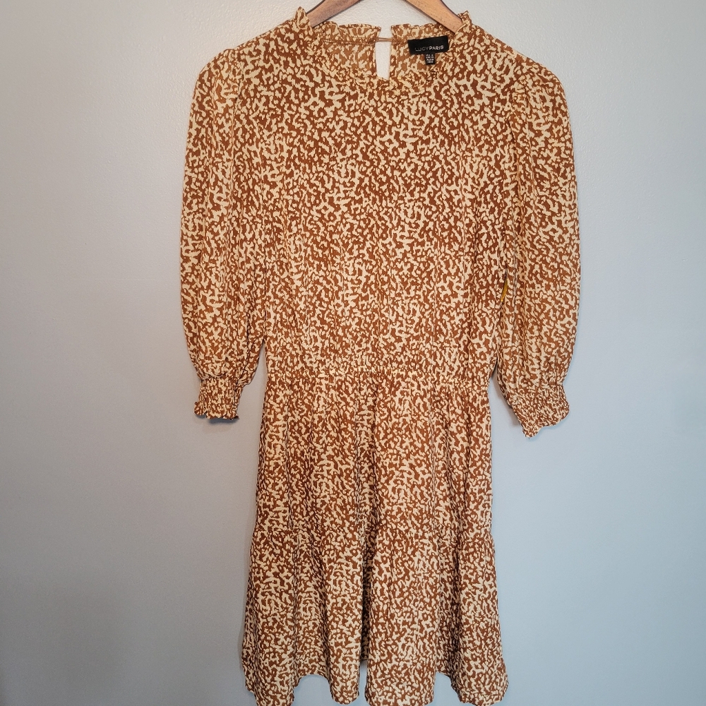 Lucy‎ Paris Women's Cream & Brown Long Sleeve High Neck Dress Size Small